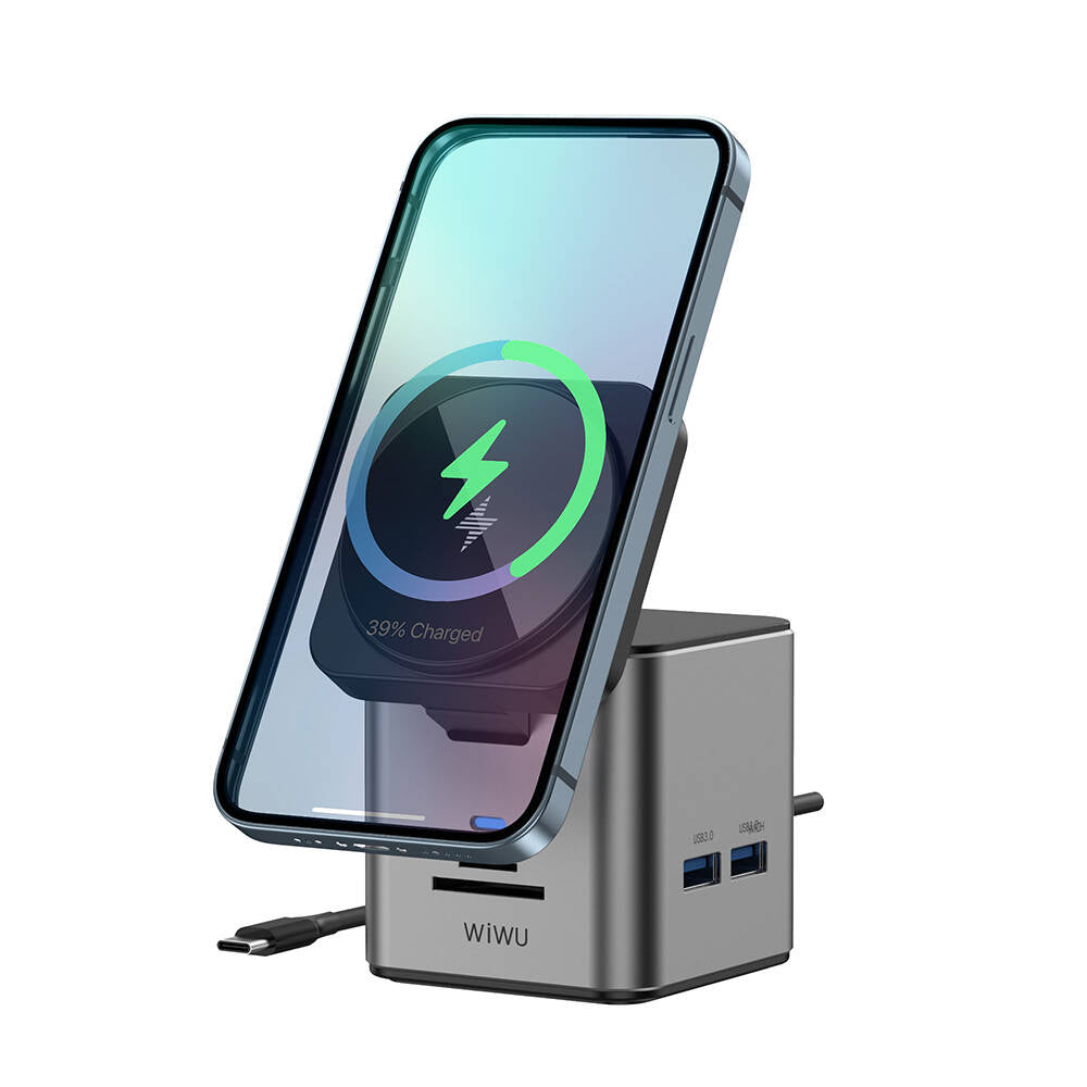 Wiwu Wi-W025 9in1 M-safe Şarj Özellikli Type-C Hub PD 100W USB 3.0 SD/TF HDMI RJ45 Gri