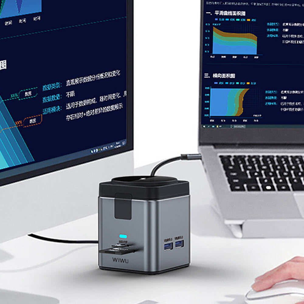 Wiwu Wi-W025 9in1 M-safe Şarj Özellikli Type-C Hub PD 100W USB 3.0 SD/TF HDMI RJ45 Gri