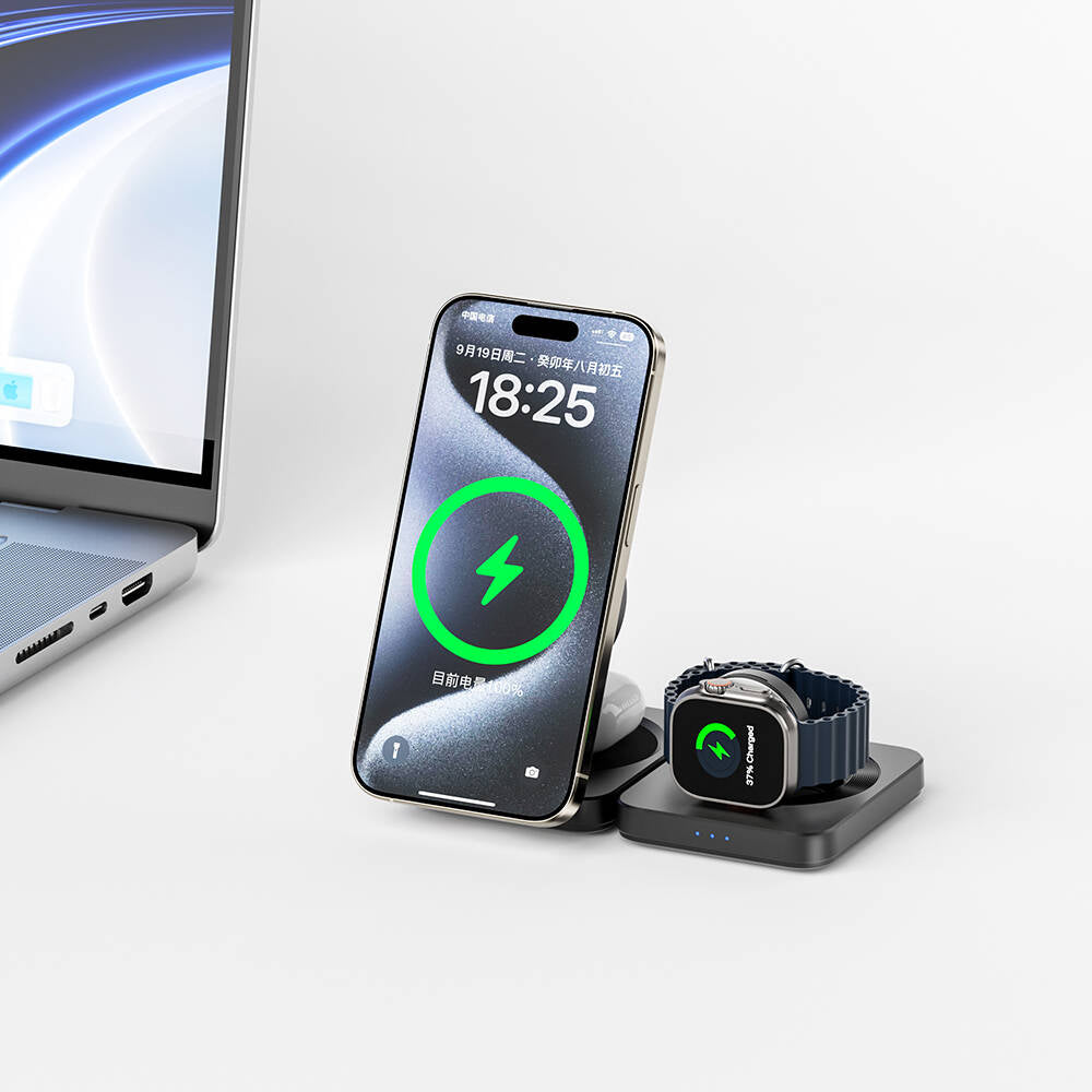 Wiwu Wi-W028 Qi2 Şarj Teknolojili Katlanabilir LED Işık Göstergeli 3in1 Kablosuz Şarj Standı Siyah