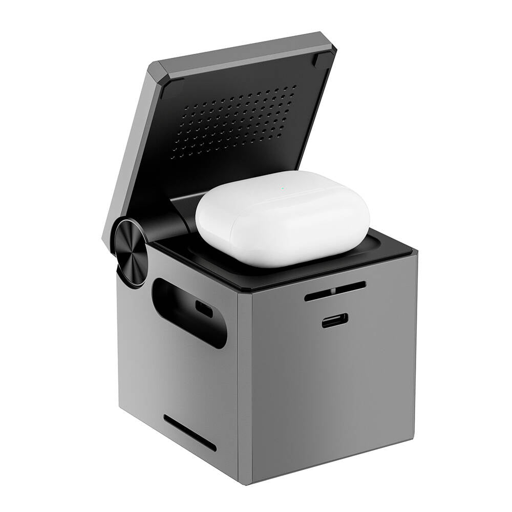 Wiwu Wi-W030 Small Square Küp Tasarımlı Telefon & Akıllı Saat & Kulaklık İçin 15W 3in1 Kablosuz Şarj Standı Gri