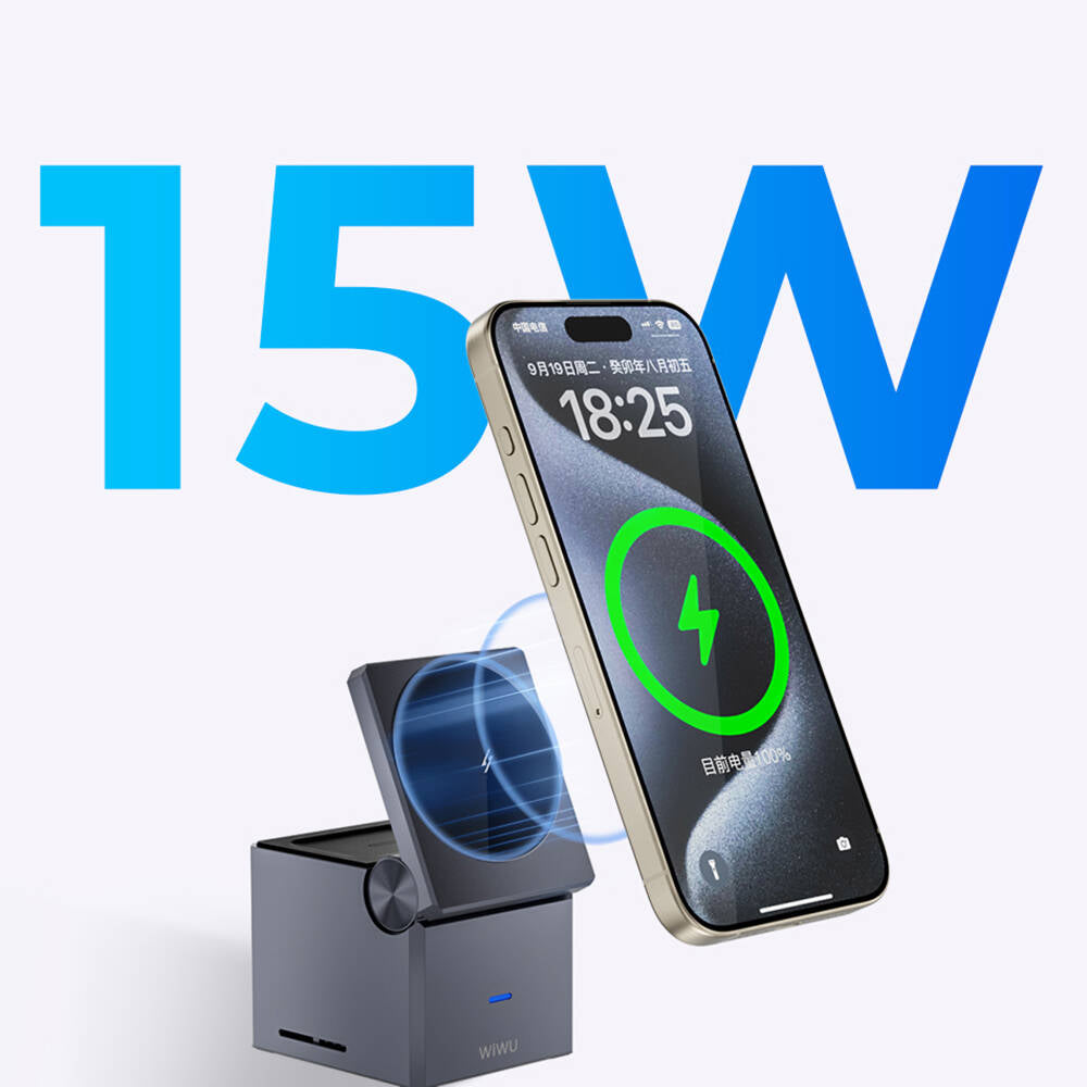 Wiwu Wi-W030 Small Square Küp Tasarımlı Telefon & Akıllı Saat & Kulaklık İçin 15W 3in1 Kablosuz Şarj Standı Gri