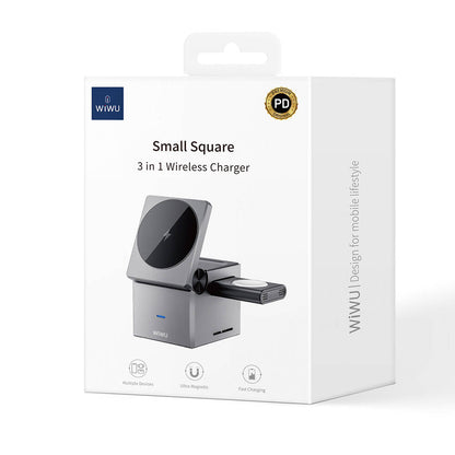 Wiwu Wi-W030 Small Square Küp Tasarımlı Telefon & Akıllı Saat & Kulaklık İçin 15W 3in1 Kablosuz Şarj Standı Gri
