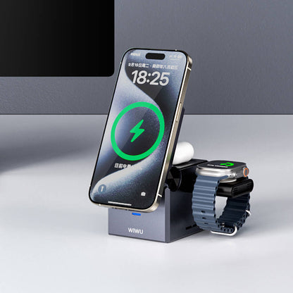 Wiwu Wi-W030 Small Square Küp Tasarımlı Telefon & Akıllı Saat & Kulaklık İçin 15W 3in1 Kablosuz Şarj Standı Gri