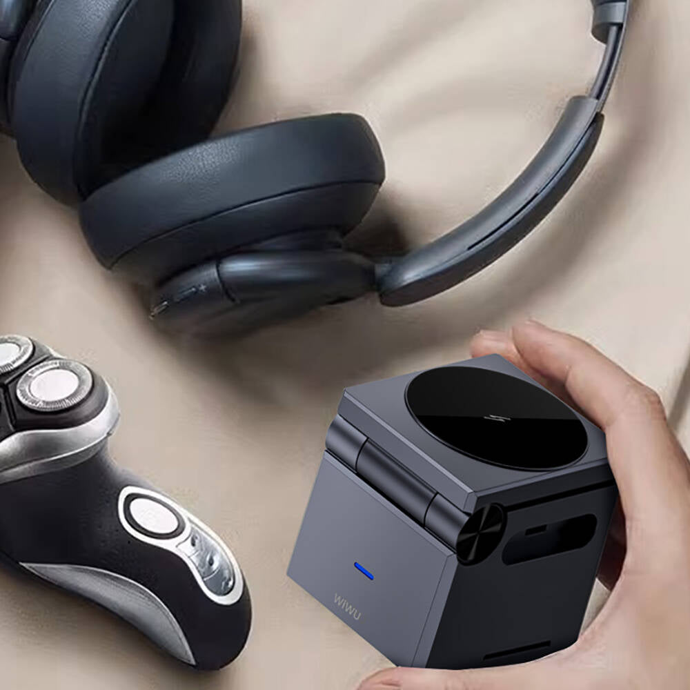 Wiwu Wi-W030 Small Square Küp Tasarımlı Telefon & Akıllı Saat & Kulaklık İçin 15W 3in1 Kablosuz Şarj Standı Gri