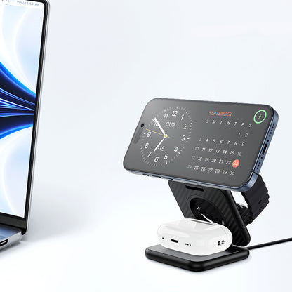 Wiwu Wi-W035 3 in 1 Magnetik Hızlı Şarj Özellikli Aramid Fiber Kablosuz Şarj Standı 15W Siyah