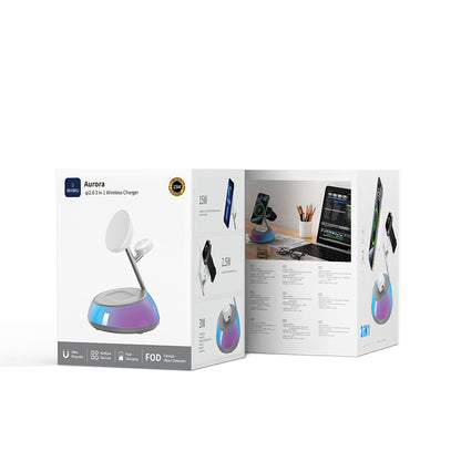 Wiwu Wi-W036 Qi2 3 in 1 Magnetik Hızlı Şarj Özellikli Ambiyans Işıklı Kablosuz Şarj Standı 15W Beyaz