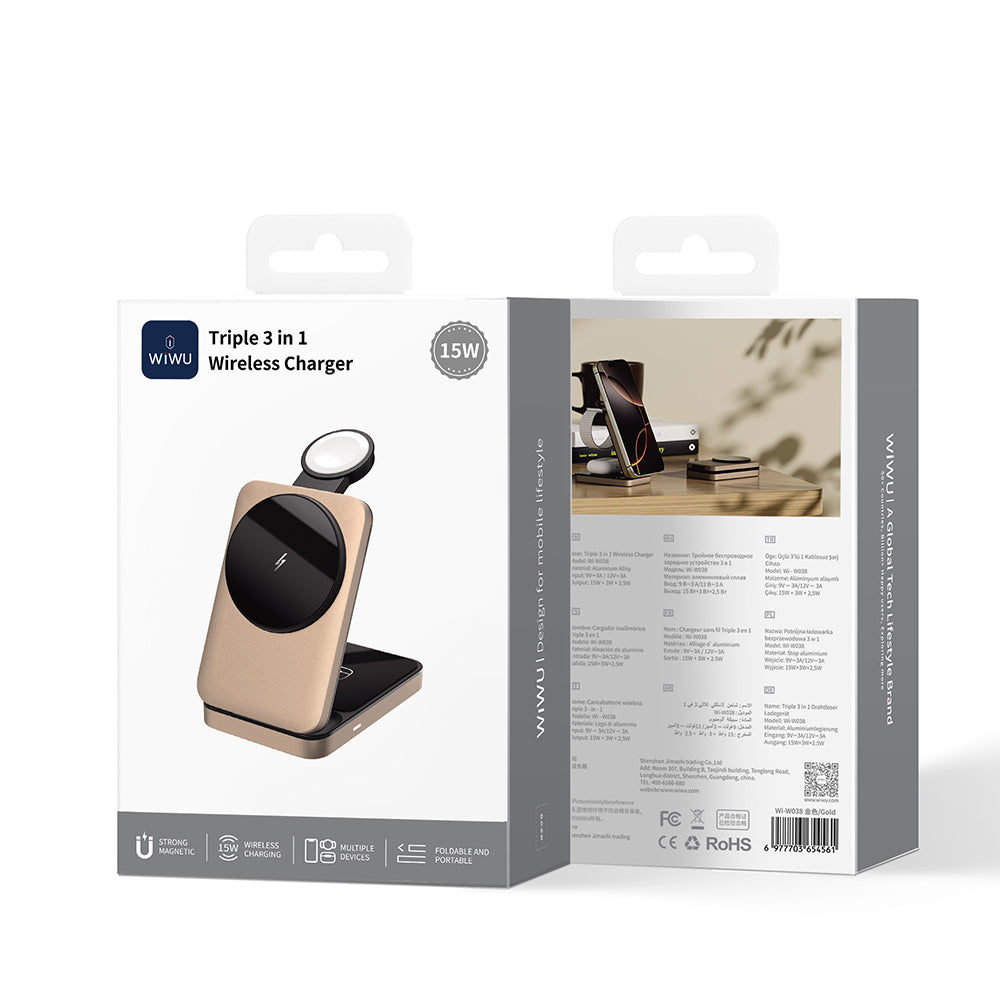Wiwu Wi-W038 3in1 Katlanabilir Kablosuz Şarj Standı 15W Gold