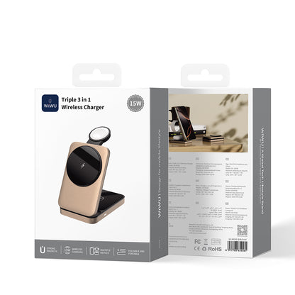 Wiwu Wi-W038 3in1 Katlanabilir Kablosuz Şarj Standı 15W Gold